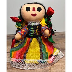 Handmade Traditional Mexican Cloth Doll With Braided Hair & Colorful Ribbon